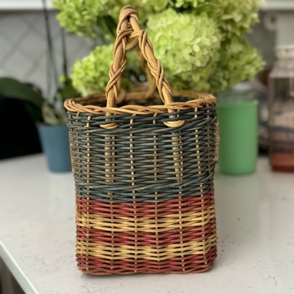 Vintage Basket Tied Hanging Wooden Stars 11” x 8”x 12”H w/ handle 4th of July
